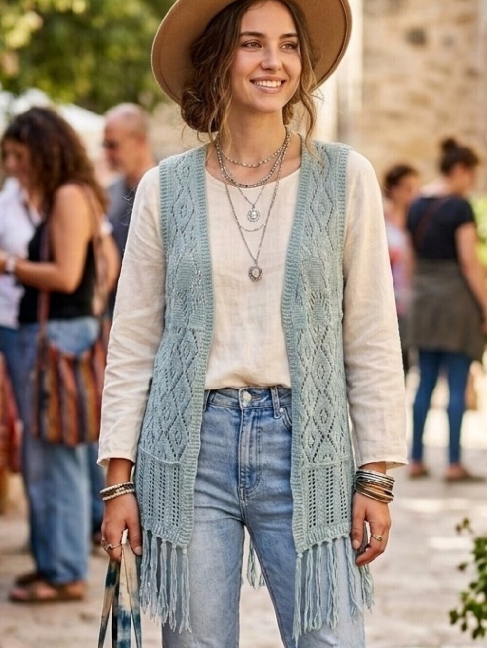PINK ROSE Boho Knit Open Sweater Vest, Bottom Fringe Tassles, Seafoam Green